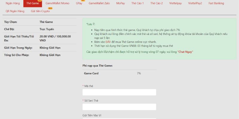 Nạp tiền Vn88 thông qua thẻ game
